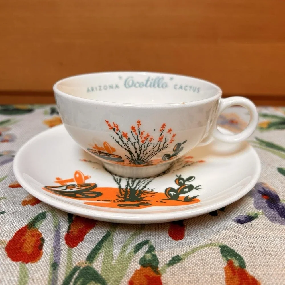 VTG Arizona Cactus Dinnerware Ocotillo Teacup Saucer Mid-Century Southwestern